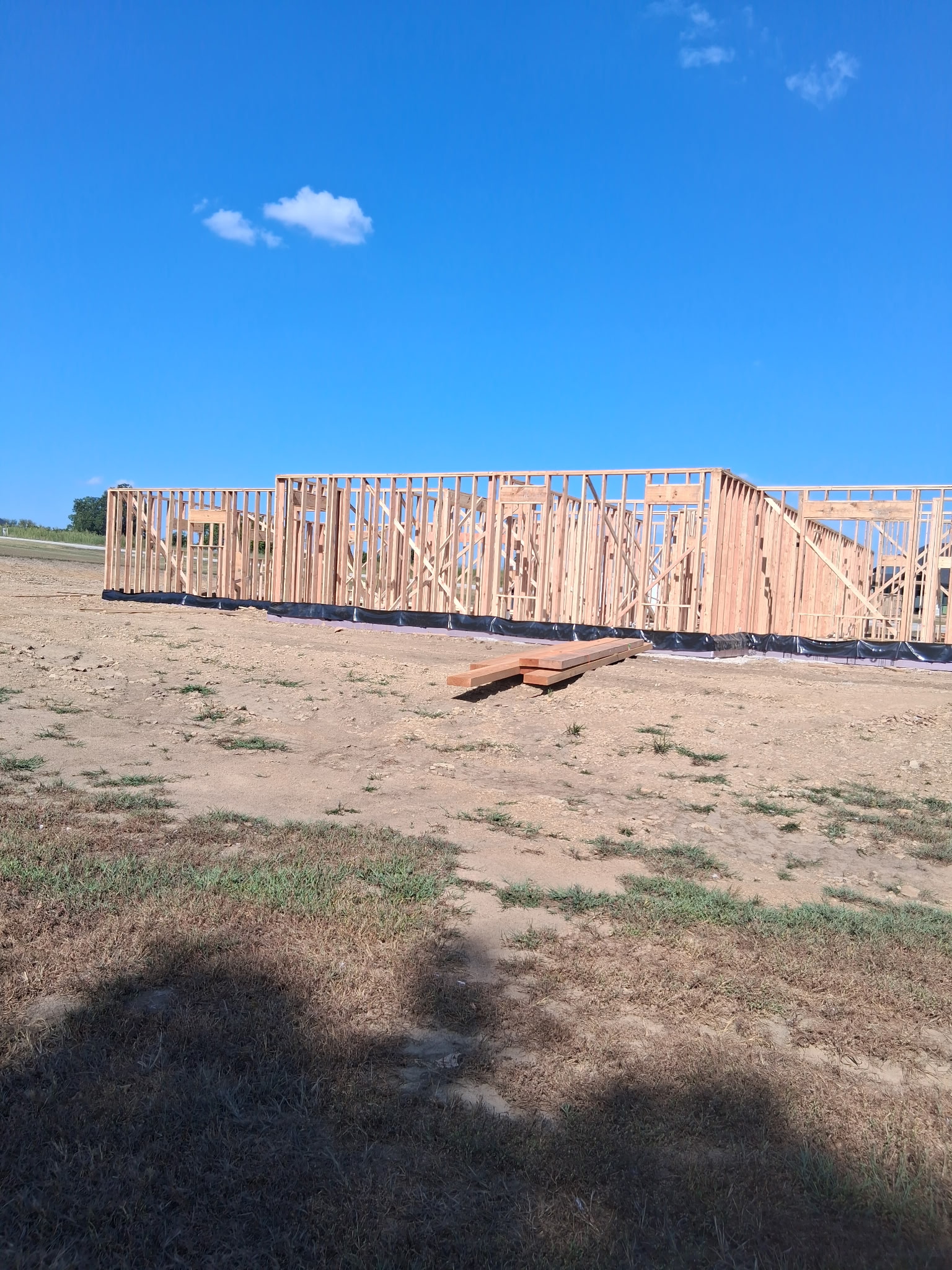 Exterior wall framing standing on a residential building site